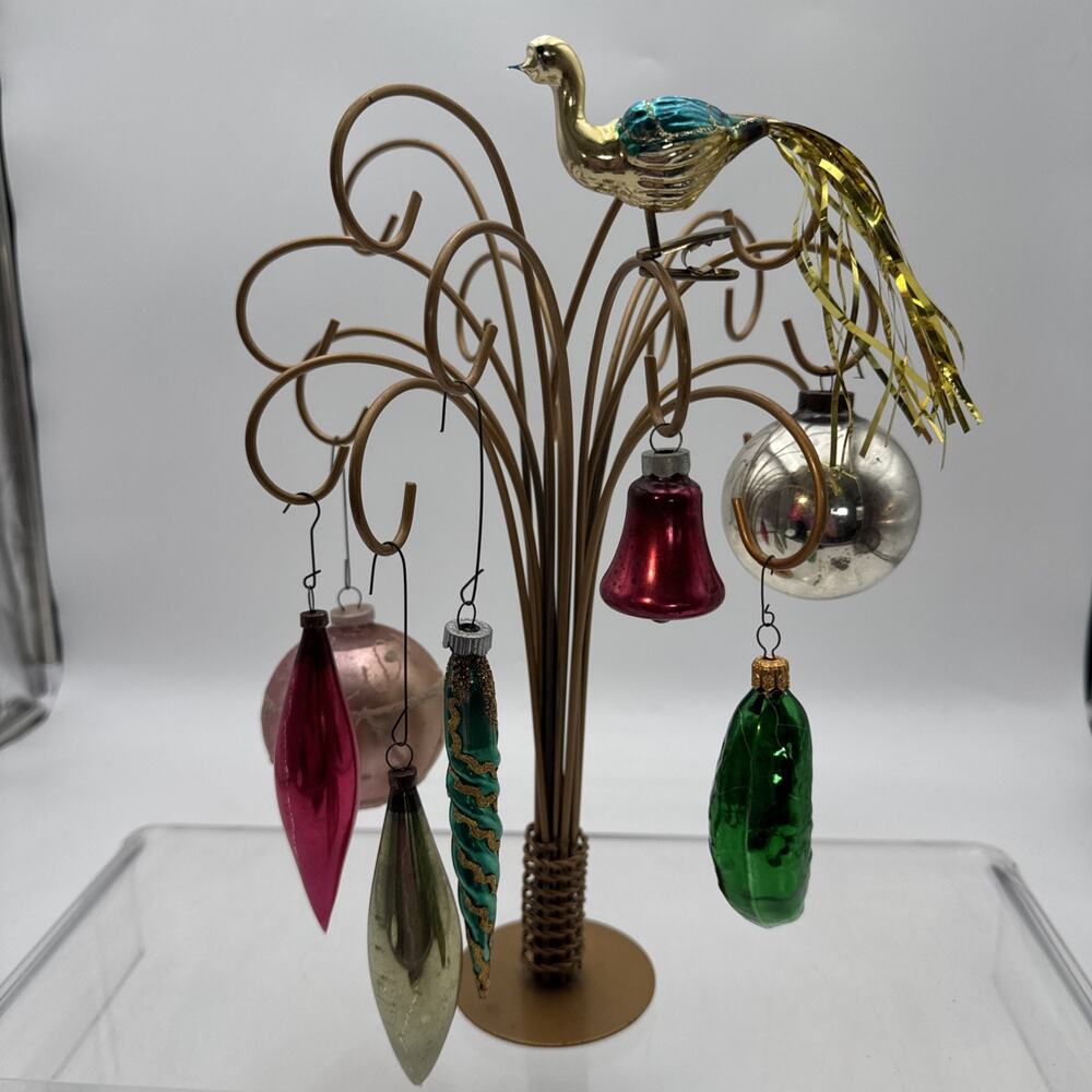 Vintage 8 Piece Lot Of Small Christmas Mercury Glass Ornaments Bell Bird Pickle.